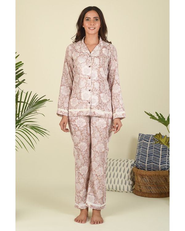 Sepia hand block printed shirt-pyjama loungewear set - set of two 3