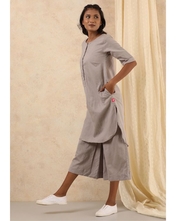 Grey linen kurta with grey pants - set of two 2