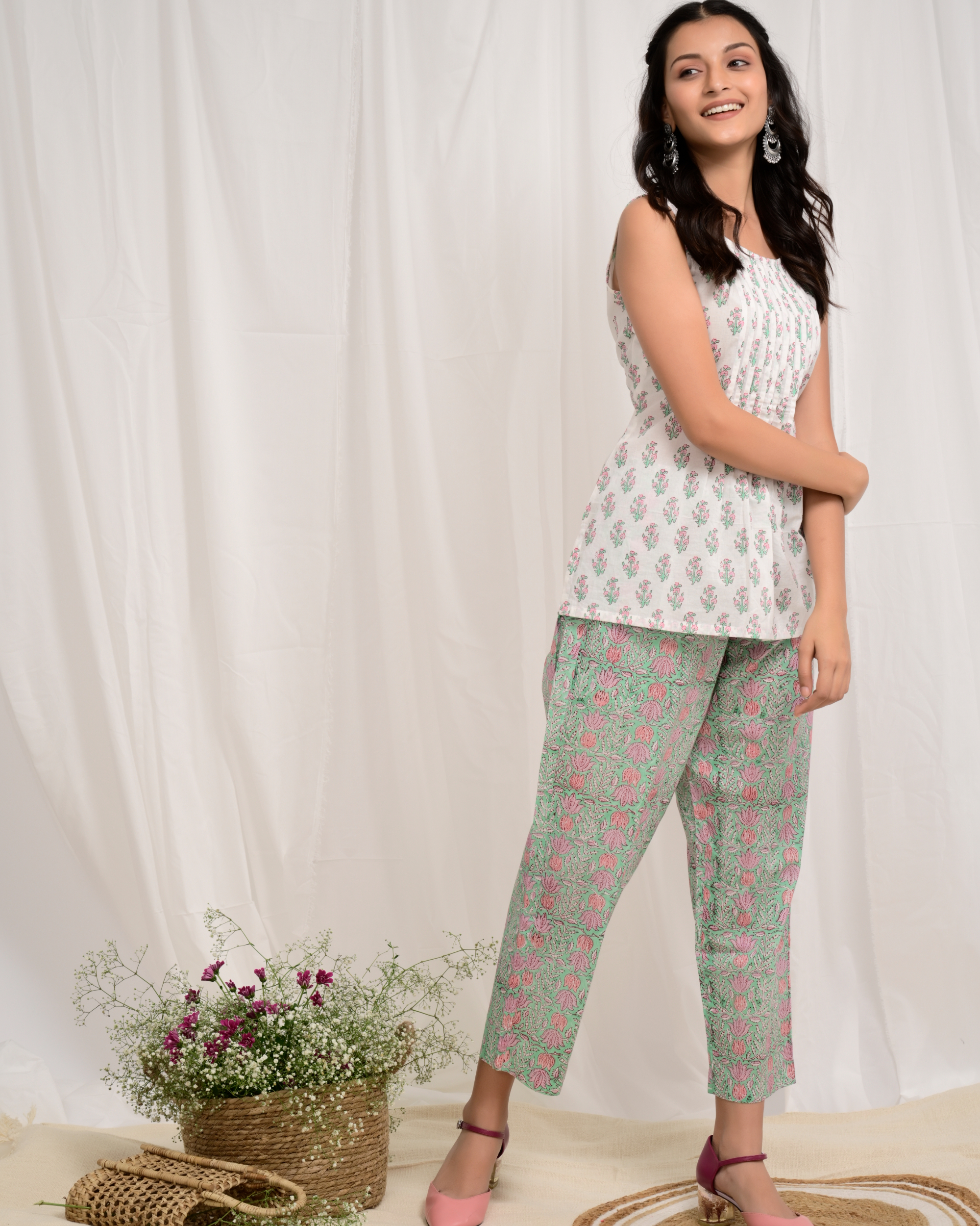 Buy Turquoise Block Printed Cotton Modal Izhaar Pants for Women, FGIPT21-15