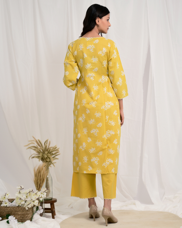 Floral printed mustard yellow kurta with palazzo set of two by Charu