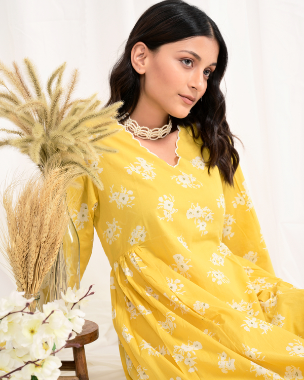 Floral printed mustard yellow kurta with palazzo set of two by Charu