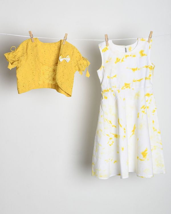 White marble textured dress with yellow jacket - set of two 1