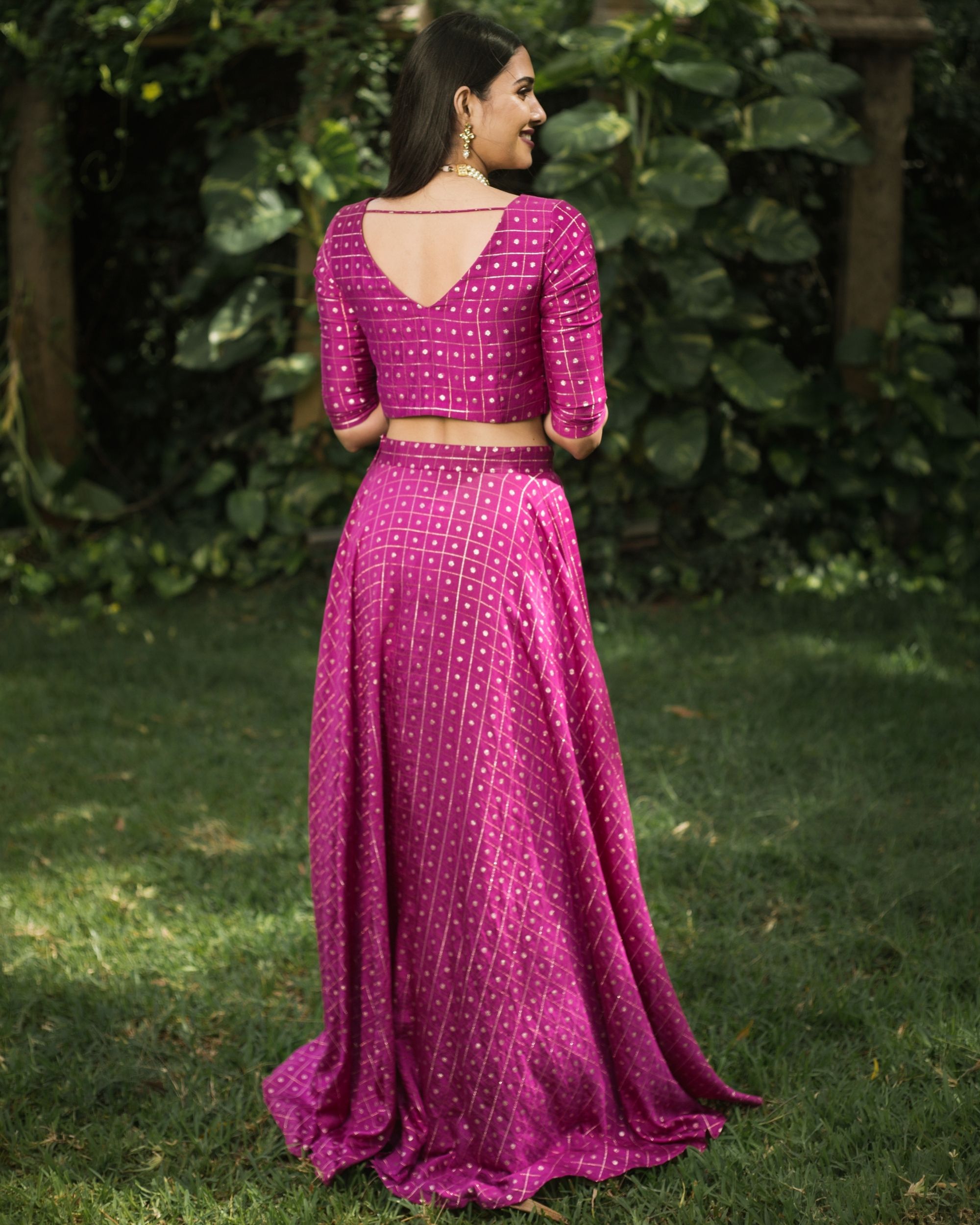 Magenta pink zari butta crop top with skirt - set of two by Niram
