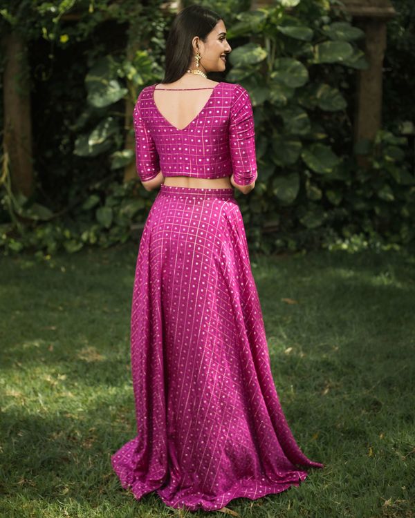 Magenta pink zari butta crop top with skirt - set of two 1