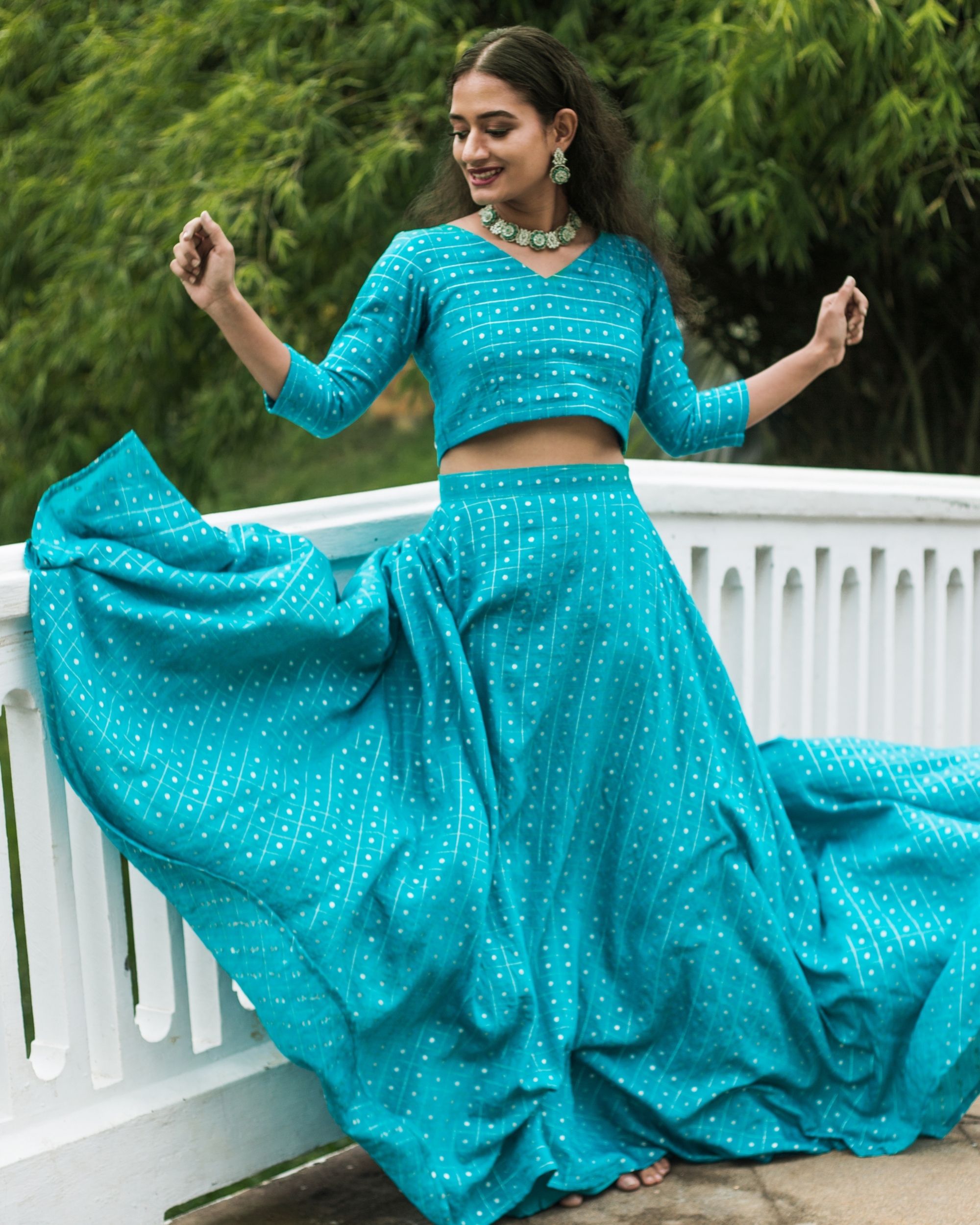 Aqua blue zari butta crop top with skirt - set of two by Niram | The ...