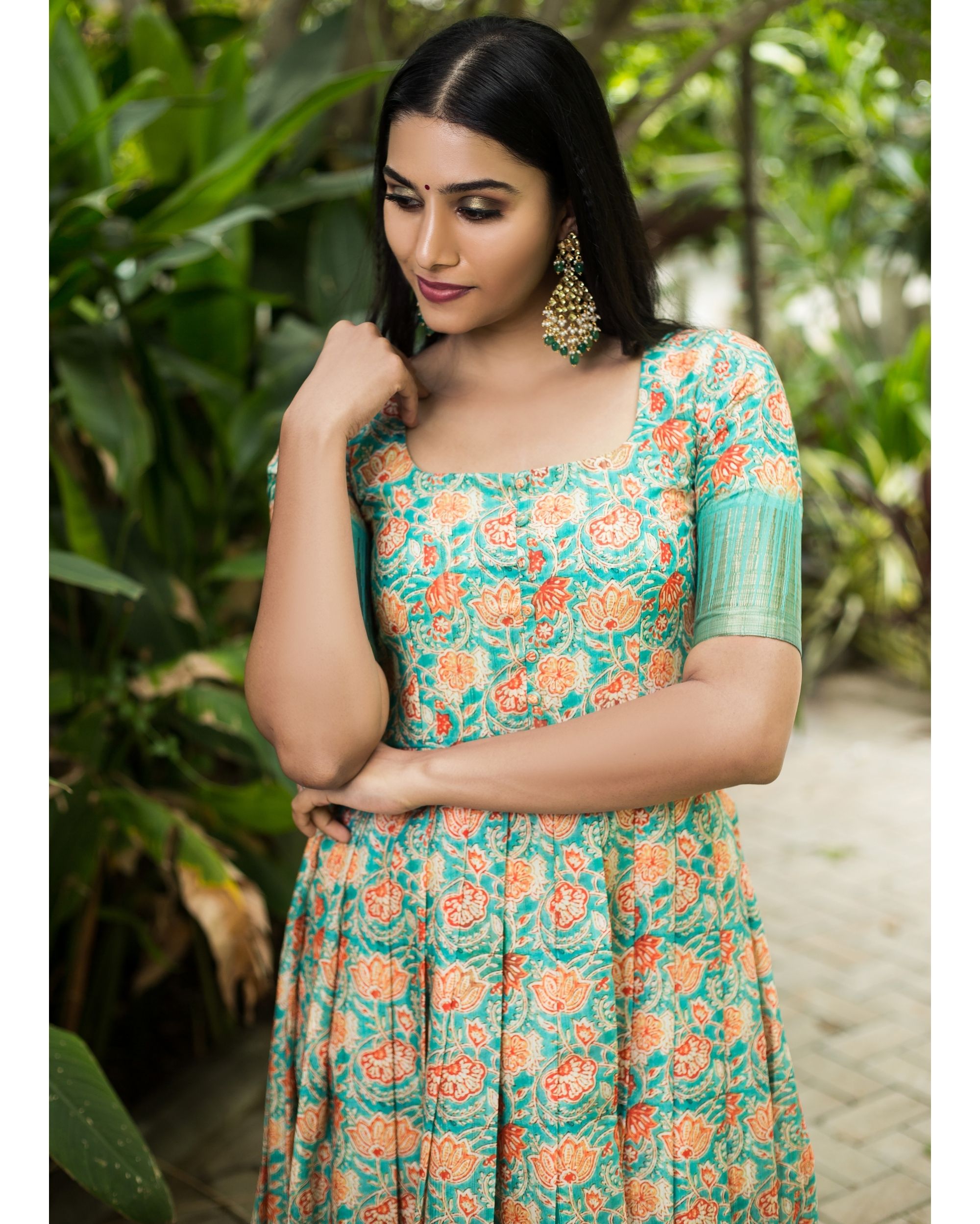 Coral blue floral printed pleated dress by Niram