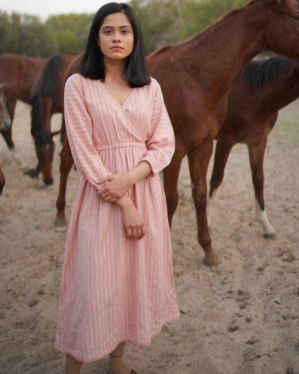 Misty rose woven striped dress by Increscent The Secret Label