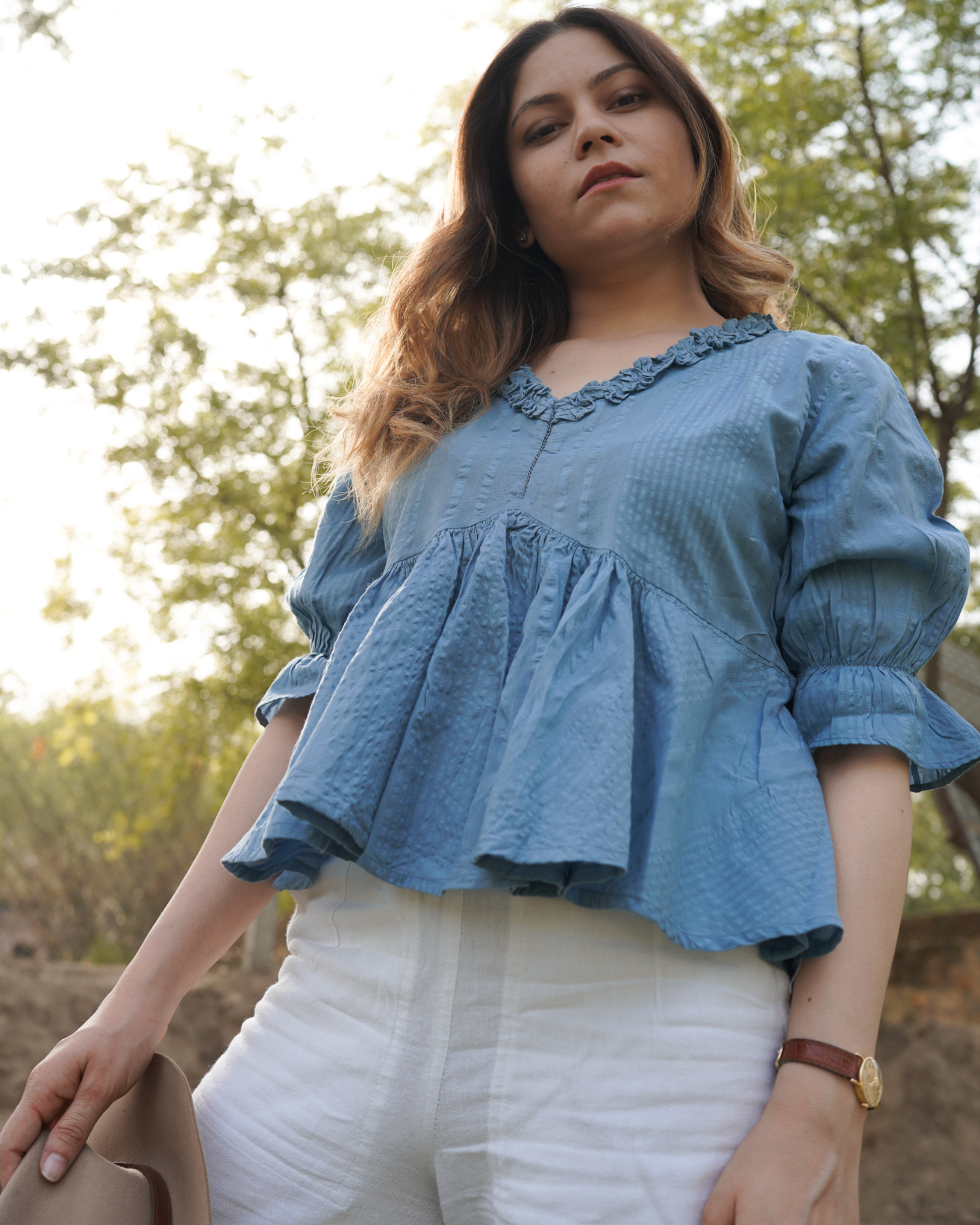 Dusty blue ruffle neck top by Increscent