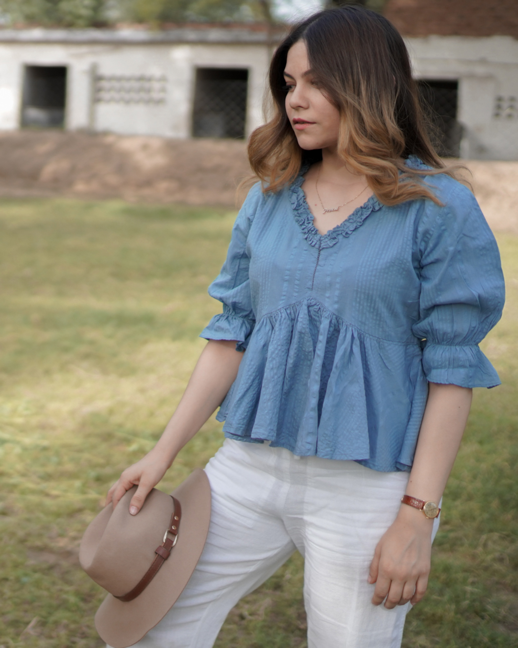 Dusty blue ruffle neck top by Increscent