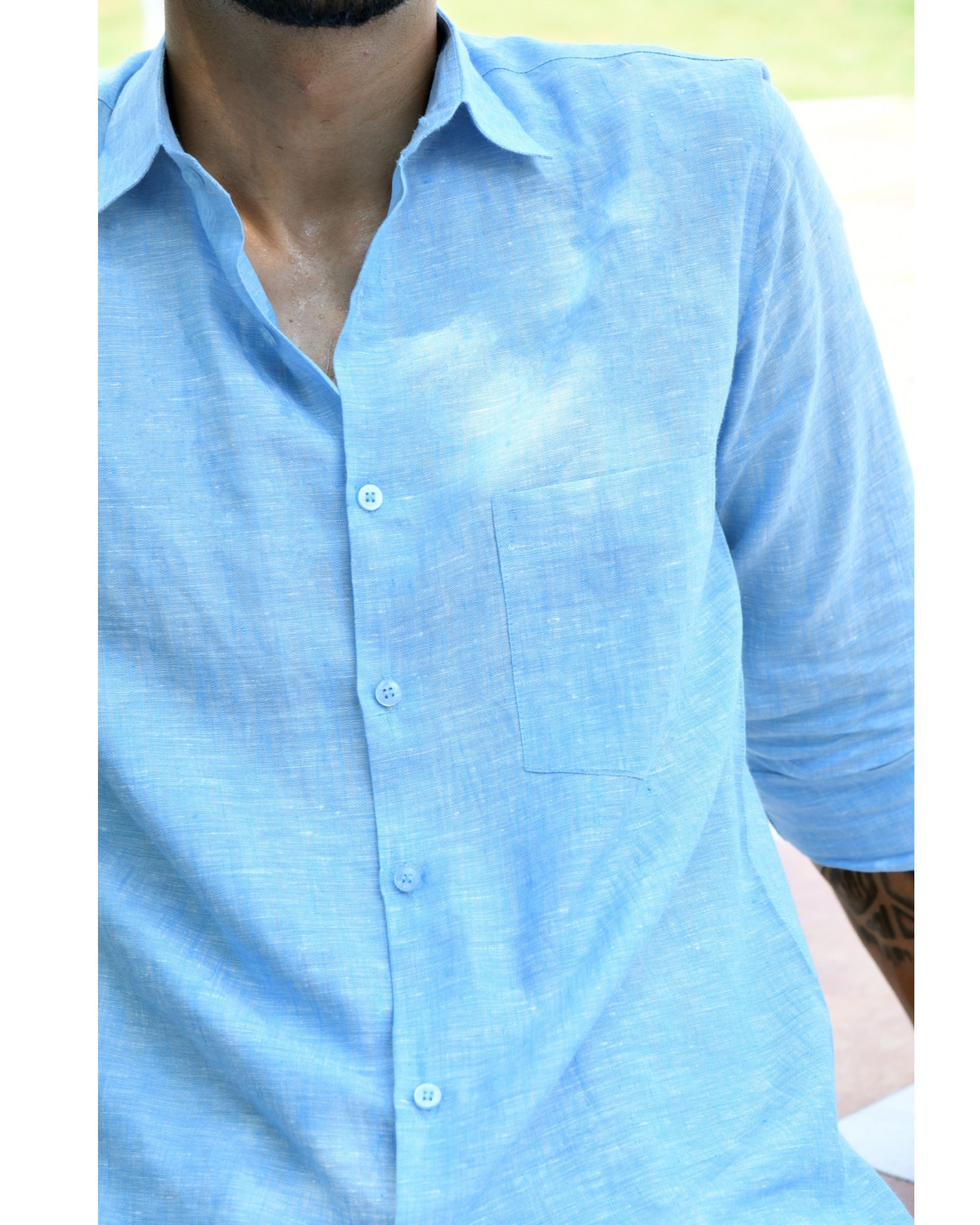 Sky blue linen shirt by Prints Valley | The Secret Label