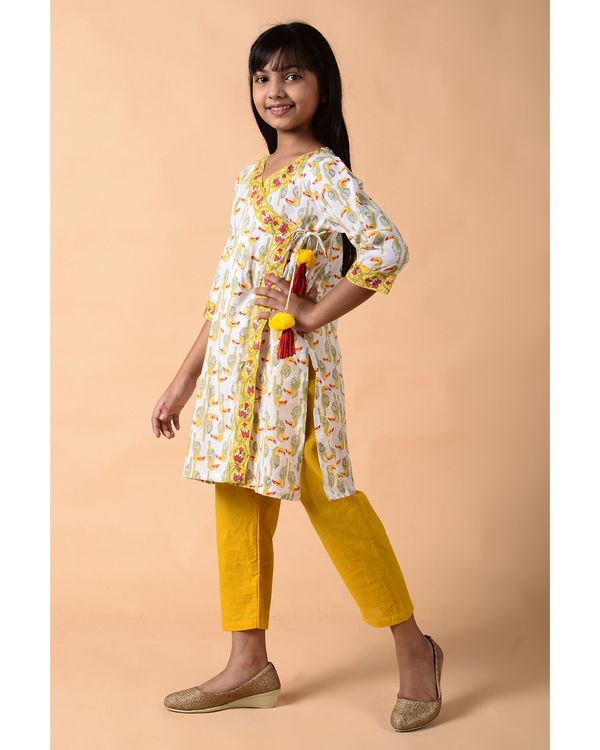 White and yellow printed angrakha kurta with pants - set of two 2