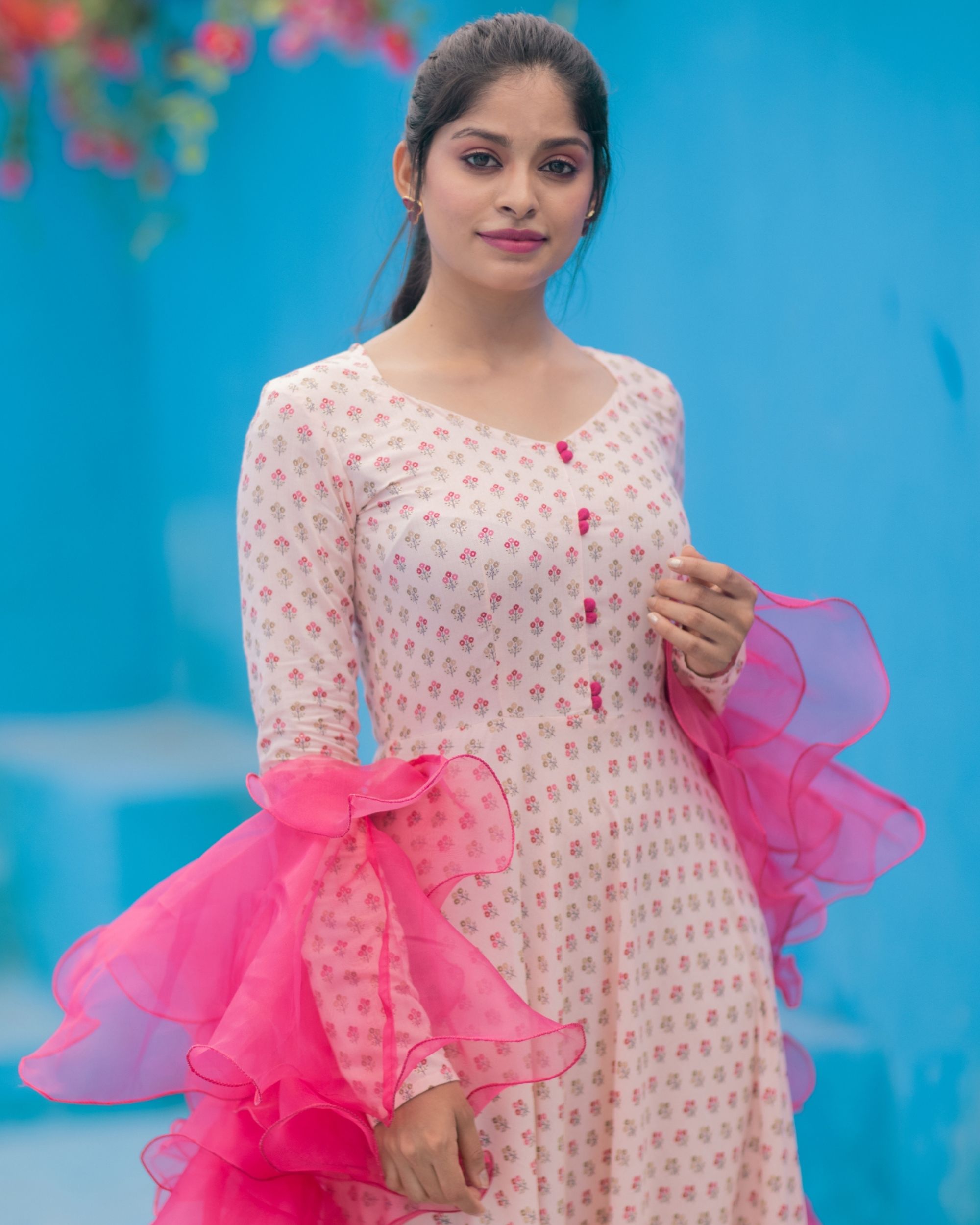 Powder pink rayon dress with ruffle dupatta - set of two by The Anarkali  Shop