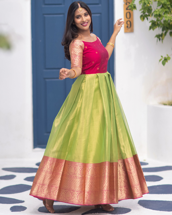Pink and green off-shoulder tissue dress by The Anarkali Shop | The ...