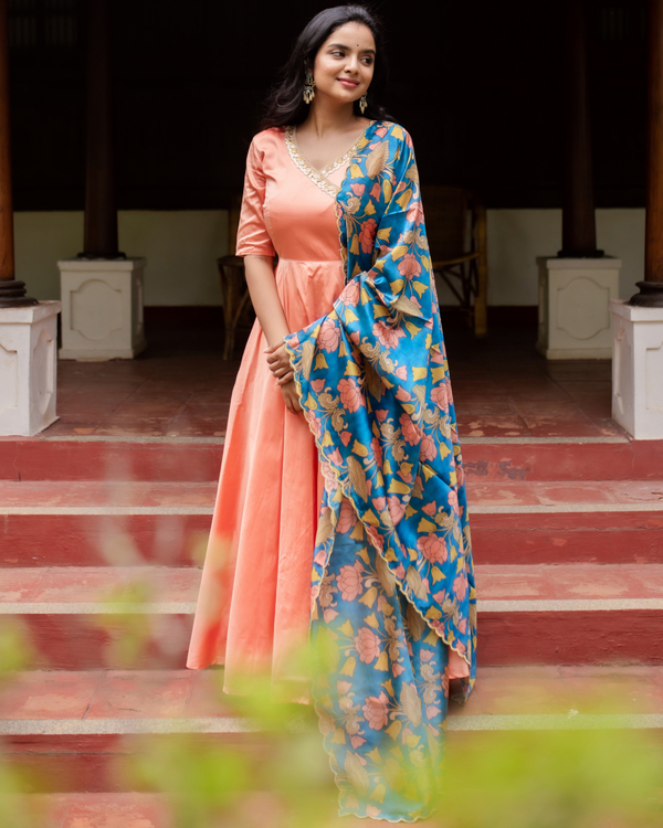Peach silk angrakha dress with blue kalamkari dupatta - set of two 1