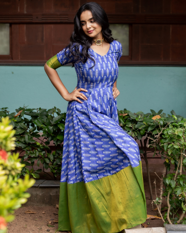 Blue ikat silk dress with green tissue border by Athira Designs | The ...