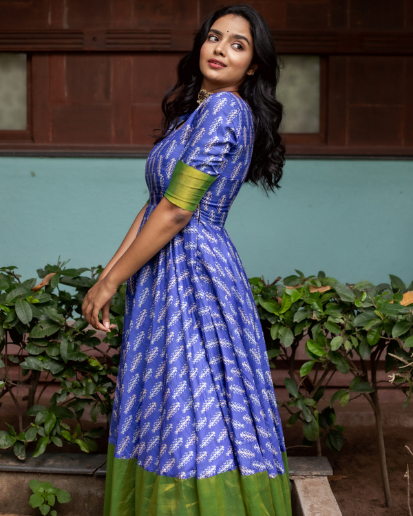 Blue ikat silk dress with green tissue border by Athira Designs | The ...