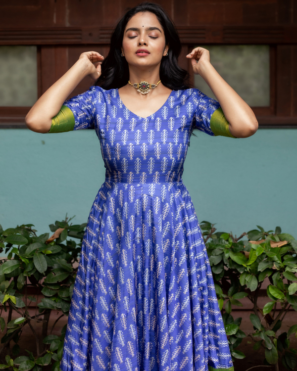 Blue ikat silk dress with green tissue border 1
