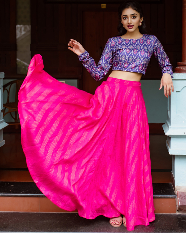 Violet ikat silk crop top and pink skirt - set of two by Athira Designs ...