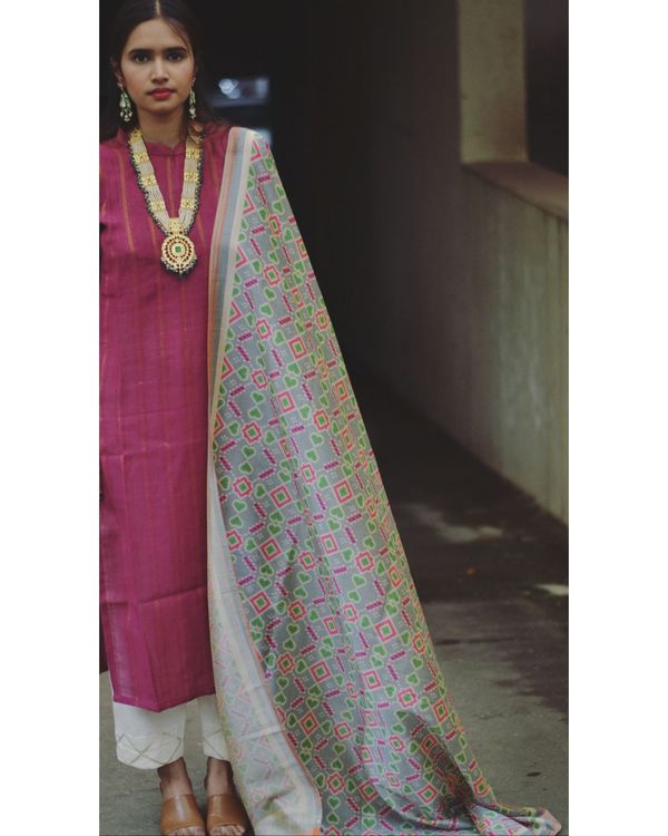 Purple striped kurta with printed dupatta - set of two 1