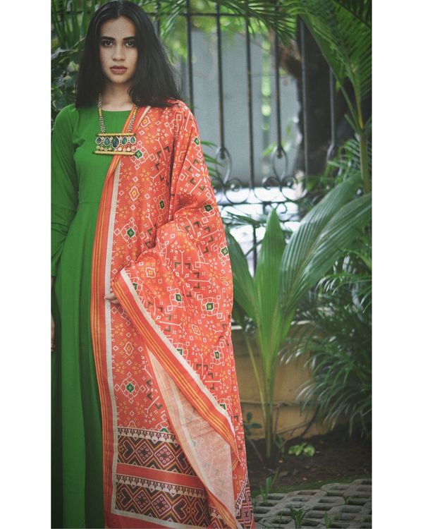 Shamrock green dress with orange printed dupatta - set of two 1