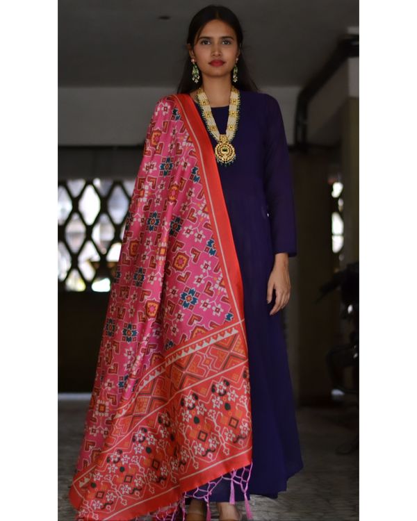 Dark blue flared dress with pink patalo dupatta - set of two 1