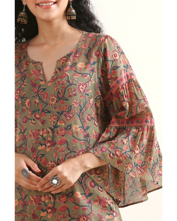 Olive hand block printed cotton suit set - set of two 3