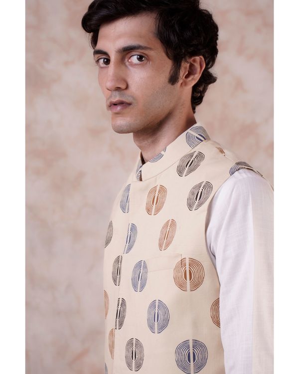 Beige printed nehru jacket 2