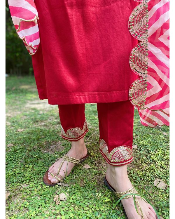 Red cotton silk kurta and pants with zig zag printed dupatta - set of three 1