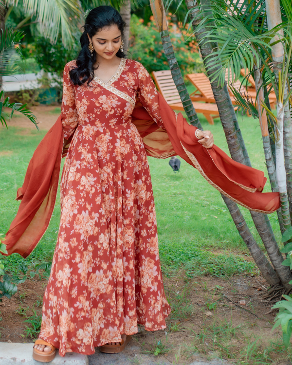 Brick Red Floral Georgette Anarkali With Dupatta - Set Of Two 4