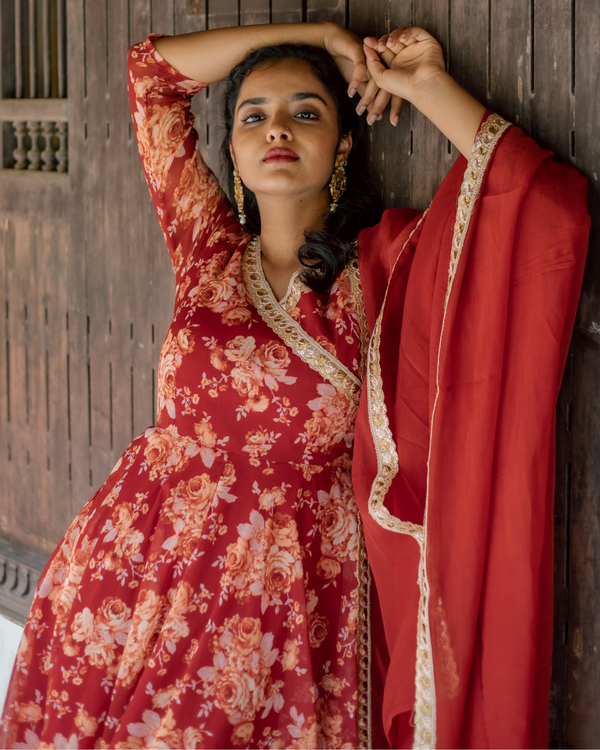 Brick Red Floral Georgette Anarkali With Dupatta - Set Of Two 2
