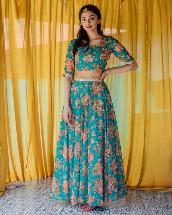 Sea Green Floral Georgette Crop Top And Skirt With Dupatta - Set Of Three 1