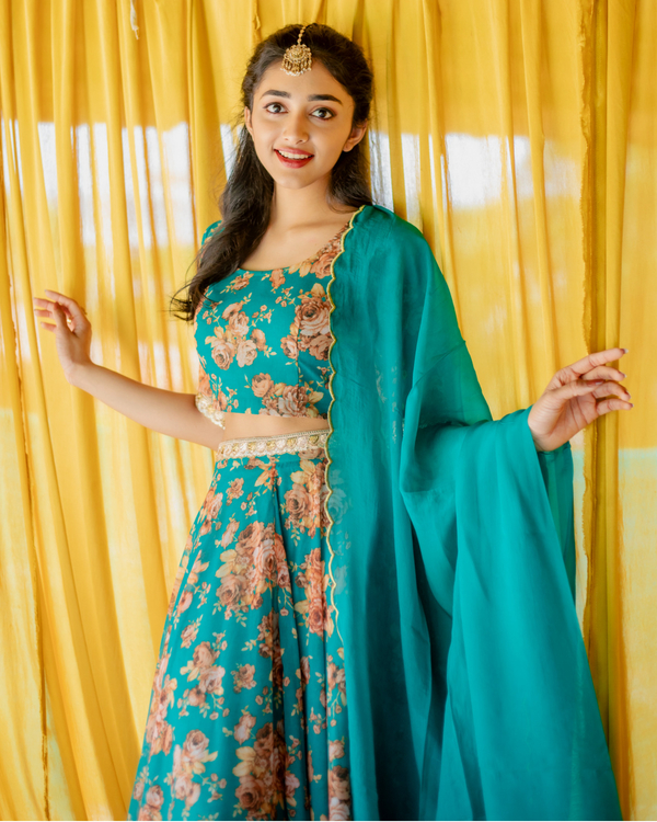 Sea Green Floral Georgette Crop Top And Skirt With Dupatta - Set Of Three 3