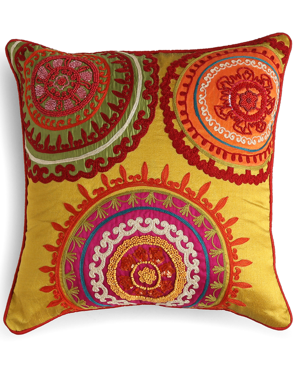Mustard cushion cover with multicolour embroidery 3