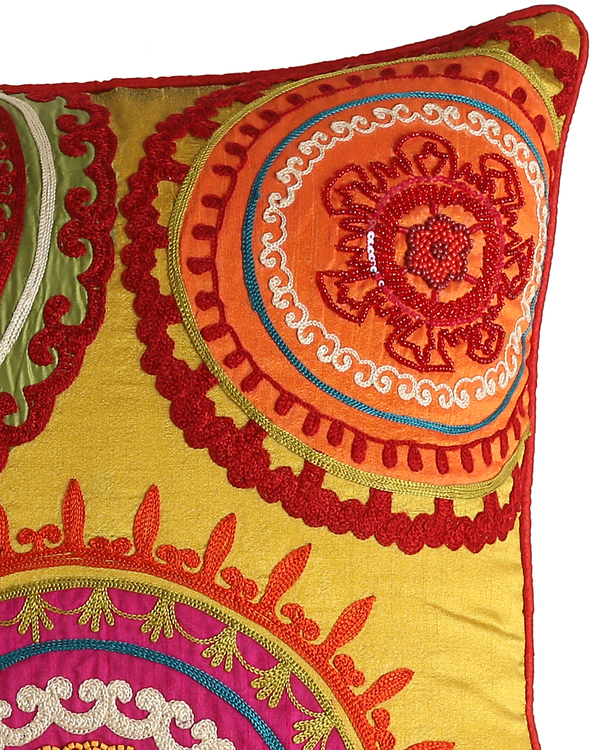 Mustard cushion cover with multicolour embroidery 2