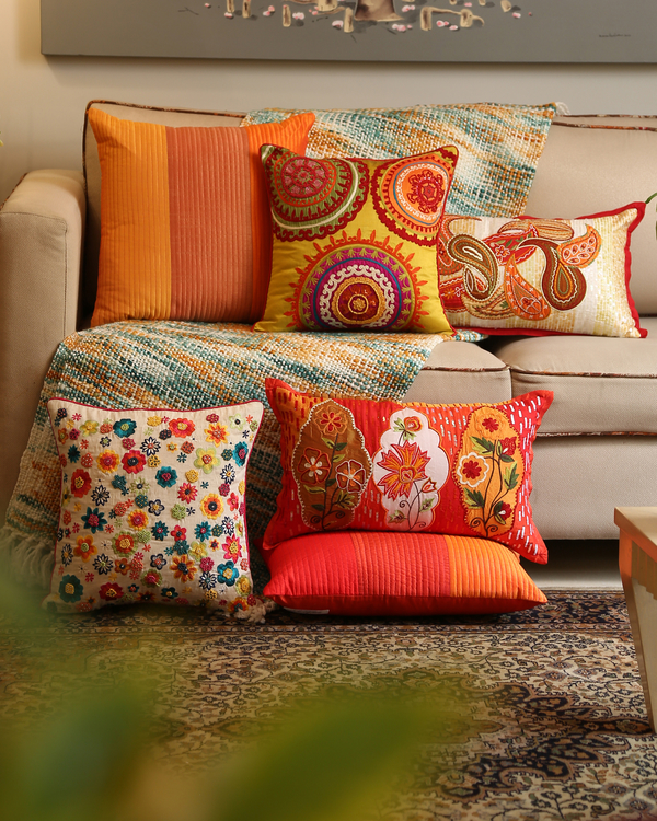 Mustard cushion cover with multicolour embroidery 3