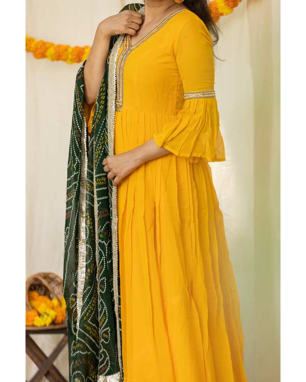 Yellow and green georgette dress with green dupatta - set of two 3