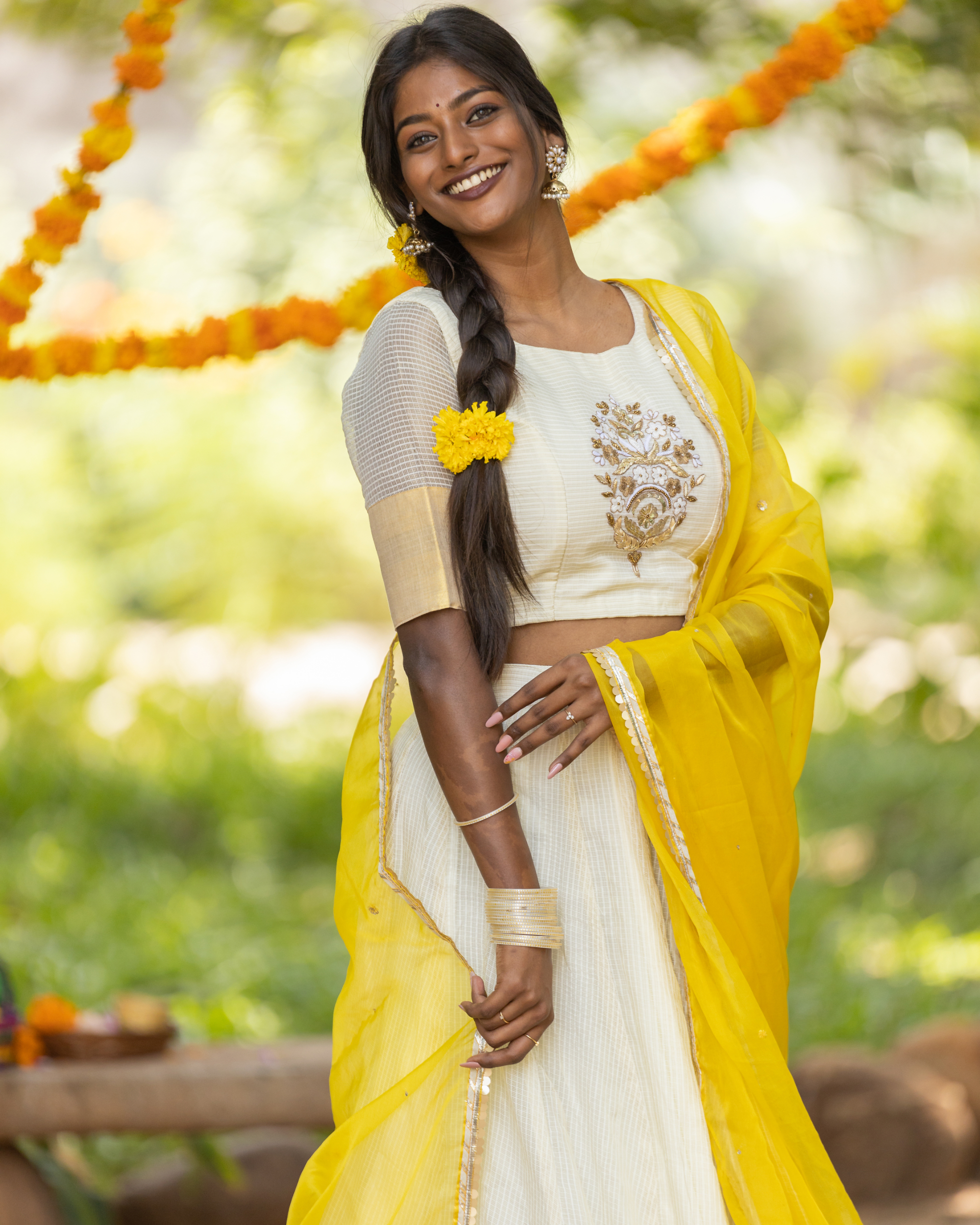 Mango and Peach Bandhej Lehenga Set with a Yellow Dupatta – NidhiTholia