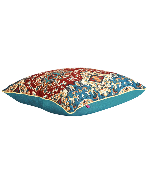 Persian rug print teal and red cotton canvas cushion cover by Oris Root