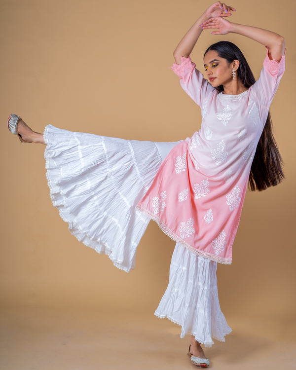 Pink ombre block print kurta with sharara and dupatta - set of three 3