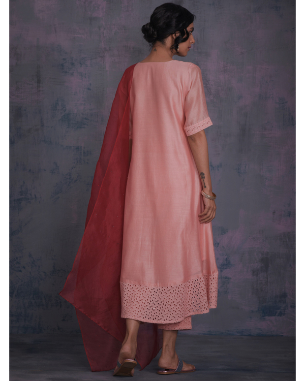 Pink high low kurta with pants and scarlet red dupatta - set of three 1