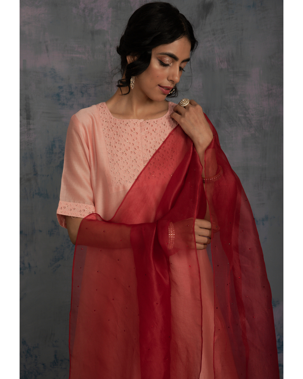 Pink high low kurta with pants and scarlet red dupatta - set of three 3