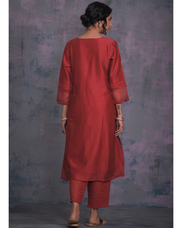 Scarlet red front gathered kurta with pants and midnight blue dupatta - set of three 1
