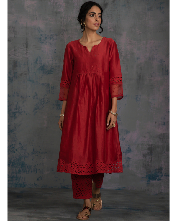 Scarlet red front gathered kurta with pants and midnight blue dupatta - set of three 2