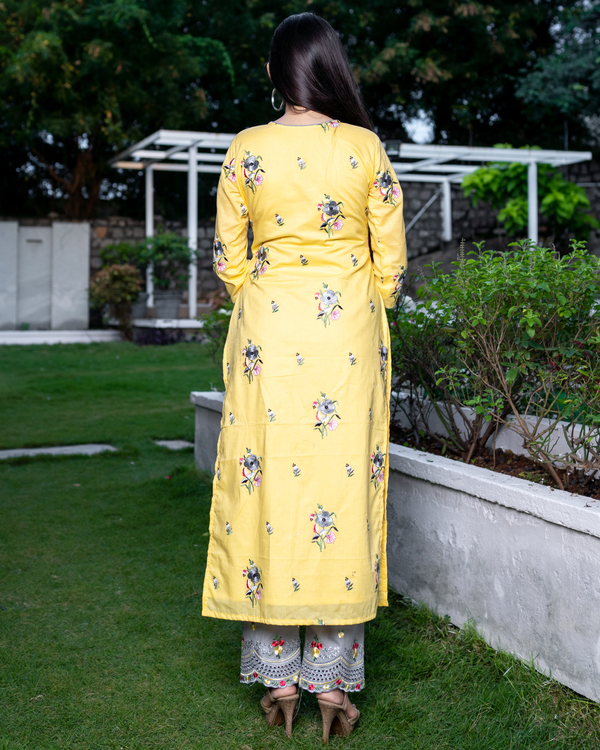 Yellow cotton embroidered suit set with kota dupatta - Set Of Three 1