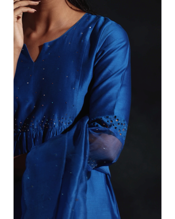 Egyptian blue front gathered kurta with pants and dupatta - set of three 2