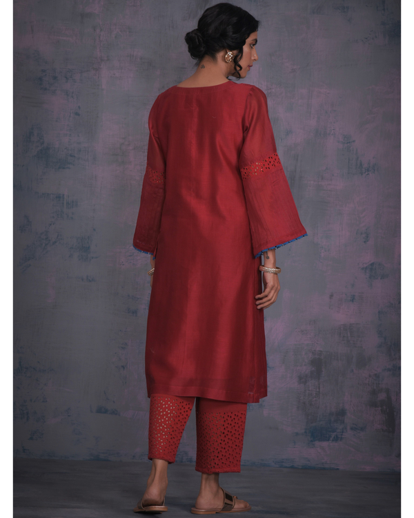 Scarlet red flared sleeves kurta with pants and egyptian blue dupatta - set of three 1