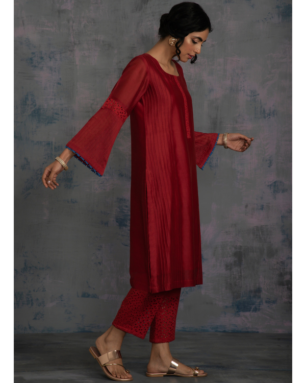 Scarlet red flared sleeves kurta with pants and egyptian blue dupatta - set of three 2