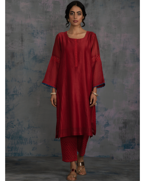 Scarlet red flared sleeves kurta with pants and gold dupatta - set of three 2
