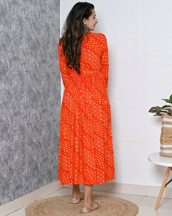 Orange bandhani gathered dress 3