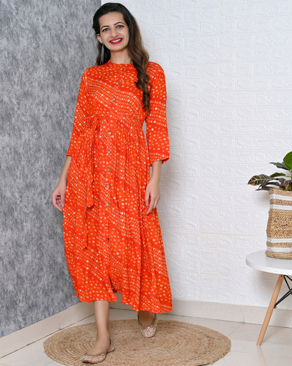 Orange bandhani gathered dress 2